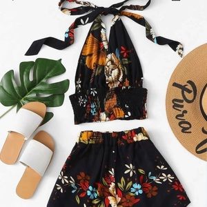 NEW SHEIN Floral Print Smocked Halter Top & Shorts